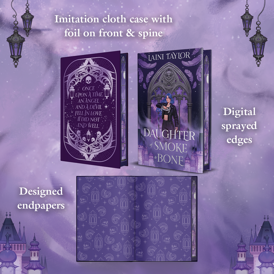 Daughter of SMoke and Bone, foiled boards, sprayed edges and designed endpaper images
